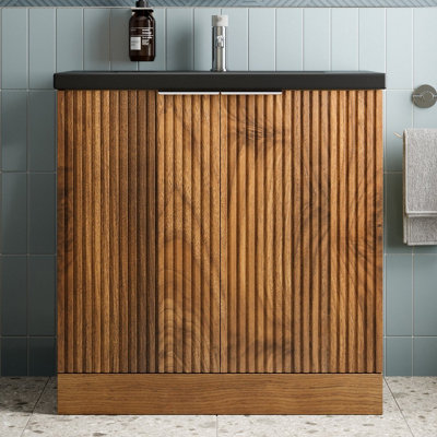 B&Q -  Fluted 800mm Bathroom Vanity Unit Basin Floorstanding Cupboard Soft Close Walnut