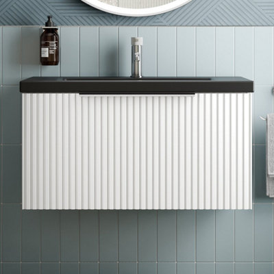 Affine Fluted 800mm Bathroom Vanity Unit Basin Wall Hung Cupboard Soft Close Matt White from B&Q