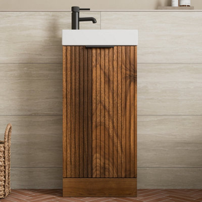 B&Q -  Fluted 400mm Bathroom Vanity Unit Basin Floorstanding Cupboard Soft Close Walnut
