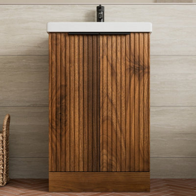 B&Q -  Fluted 500mm Bathroom Vanity Unit Basin Floorstanding Cupboard Soft Close Walnut