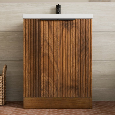 B&Q -  Fluted 600mm Bathroom Vanity Unit Basin Floorstanding Cupboard Soft Close Walnut