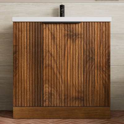 B&Q -  Fluted 800mm Bathroom Vanity Unit Basin Floorstanding Cupboard Soft Close Walnut