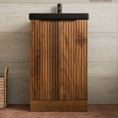B&Q -  Fluted 500mm Bathroom Vanity Unit Basin Floorstanding Cupboard Soft Close Walnut