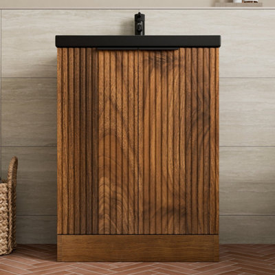 B&Q -  Fluted 600mm Bathroom Vanity Unit Basin Floorstanding Cupboard Soft Close Walnut