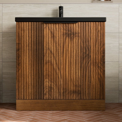 B&Q -  Fluted 800mm Bathroom Vanity Unit Basin Floorstanding Cupboard Soft Close Walnut