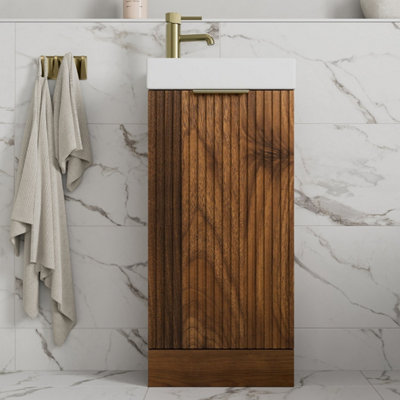 B&Q -  Fluted 400mm Bathroom Vanity Unit Basin Floorstanding Cupboard Soft Close Walnut