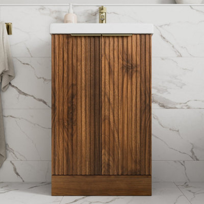 B&Q -  Fluted 500mm Bathroom Vanity Unit Basin Floorstanding Cupboard Soft Close Walnut