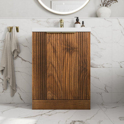 B&Q -  Fluted 600mm Bathroom Vanity Unit Basin Floorstanding Cupboard Soft Close Walnut