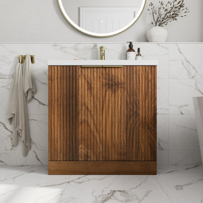 B&Q -  Fluted 800mm Bathroom Vanity Unit Basin Floorstanding Cupboard Soft Close Walnut