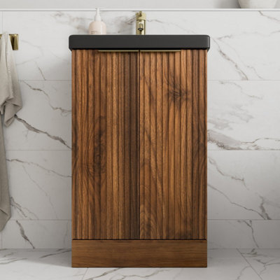 B&Q -  Fluted 500mm Bathroom Vanity Unit Basin Floorstanding Cupboard Soft Close Walnut