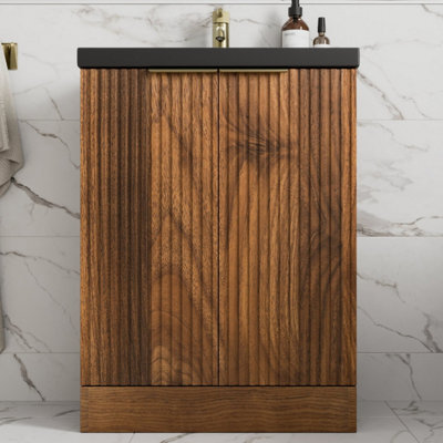 B&Q -  Fluted 600mm Bathroom Vanity Unit Basin Floorstanding Cupboard Soft Close Walnut