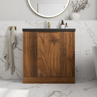 B&Q -  Fluted 800mm Bathroom Vanity Unit Basin Floorstanding Cupboard Soft Close Walnut