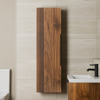 B&Q -  1200 X 350mm Fluted Wall Mounted Tall Bathroom Cabinet Storage Cupboard Walnut