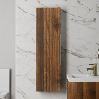 B&Q -  1200 X 350mm Fluted Wall Mounted Tall Bathroom Cabinet Storage Cupboard Walnut
