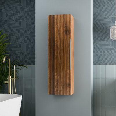 B&Q -  1200 X 350mm Fluted Wall Mounted Tall Bathroom Cabinet Storage Cupboard Walnut