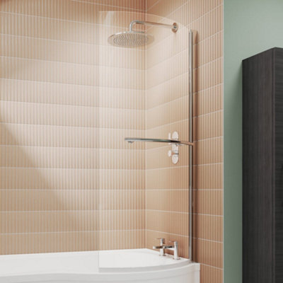 Affine 700mm P Shape Chrome Bath Shower Screen & Towel Rail Bathroom Hinged Frameless from B&Q