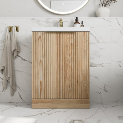 B&Q -  Fluted 600mm Bathroom Vanity Unit Basin Floorstanding Cupboard Soft Close Oak