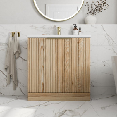 B&Q -  Fluted 800mm Bathroom Vanity Unit Basin Floorstanding Cupboard Soft Close Oak