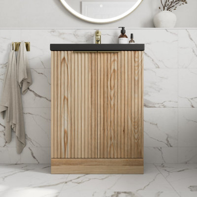 B&Q -  Fluted 600mm Bathroom Vanity Unit Basin Floorstanding Cupboard Soft Close Oak