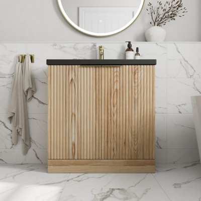 B&Q -  Fluted 800mm Bathroom Vanity Unit Basin Floorstanding Cupboard Soft Close Oak