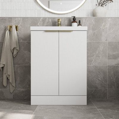 B&Q -  Fluted 600mm Bathroom Vanity Unit Basin Floorstanding Cupboard Soft Close White
