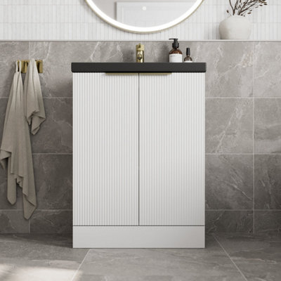 B&Q -  Fluted 600mm Bathroom Vanity Unit Basin Floorstanding Cupboard Soft Close White