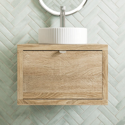 B&Q -  600mm Countertop Bathroom Vanity Unit Fluted Basin Sink Wall Hung Soft Close Oak