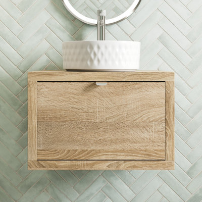 B&Q -  600mm Countertop Bathroom Vanity Unit Basin Sink Wall Hung Soft Close Oak