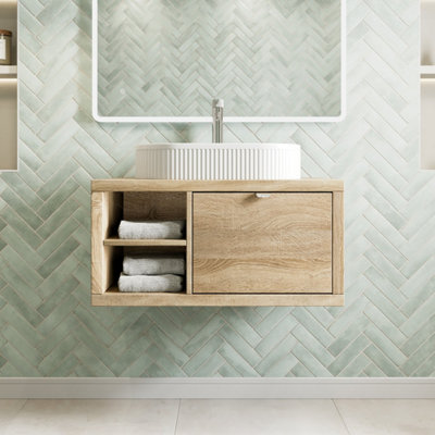 Affine 800mm Countertop Bathroom Vanity Unit Fluted Basin Sink Wall Hung Shelves Oak from B&Q