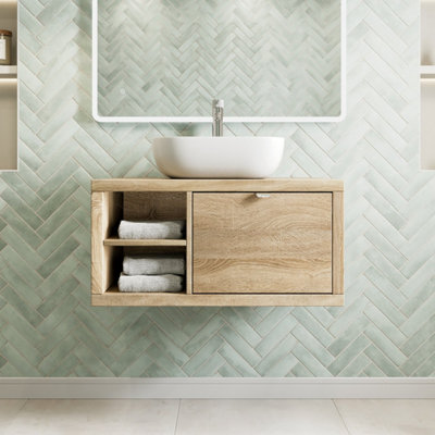 Affine 800mm Countertop Bathroom Vanity Unit Basin Sink Wall Hung Lh Shelves Oak from B&Q