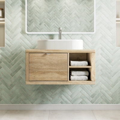 Affine 800mm Countertop Bathroom Vanity Unit Fluted Basin Sink Wall Hung Rh Shelves Oak from B&Q