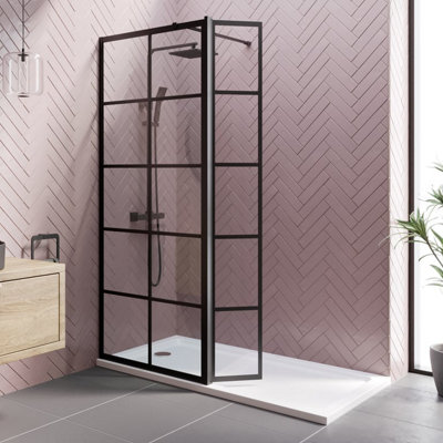 B&Q -  Diamond Grid Wet Room Shower Screen 800mm & Hinged Return Panel8mm Black