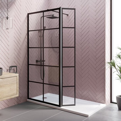 B&Q -  Diamond Grid Wet Room Shower Screen 900mm & Hinged Return Panel8mm Black