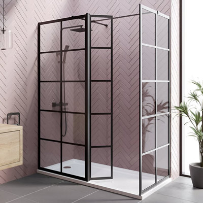 B&Q -  Diamond Grid Wet Room Shower Screens With 800 & 800mm Panels & Hinged Return Panel8mm Black