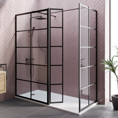 B&Q -  Diamond Grid Wet Room Shower Screens With 1000 & 900mm Panels & Hinged Return Panel8mm Black