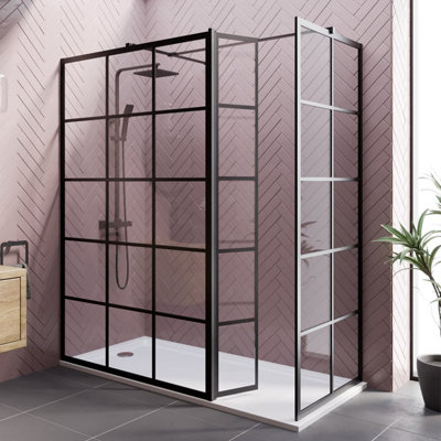 B&Q -  Diamond Grid Wet Room Shower Screens With 1200 & 900mm Panels & Hinged Return Panel8mm Black
