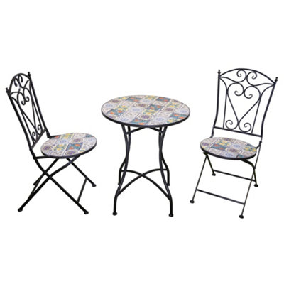 Shatchi Lisbon Mosaic Bistro Set Ceramic Outdoor Table And Two Folding Chairs For Patio Balcony Garden Dining