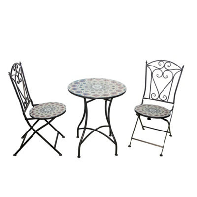 Shatchi Mosaic Bistro Set With Round Table And Two Folding Chairs For Garden Patio Balcony And Outdoor Dining