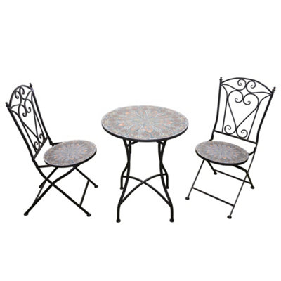 B&Q -  Outdoor Mosaic Bistro Set With Ceramic Table And 2 Folding Chairs For Patio Balcony And Garden Seating
