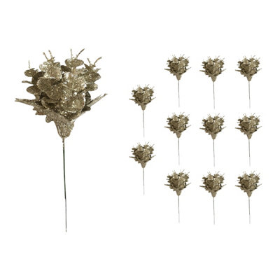 B&Q -  17Cm Glitter Eucalyptus With Maple Leaf Pick Champagne  12Pcs