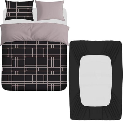 Pamposh 4 Pcs Double Duvet Set With Matching Black Double Fitted Sheet Breathable Premium Microfibre Reversible Quilt Cover from B&Q