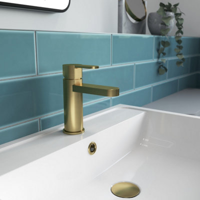 FNX Bathrooms Vela Mono Basin Mixer Brushed Brass Contemporary 1 Tap Hole With Waste from B&Q