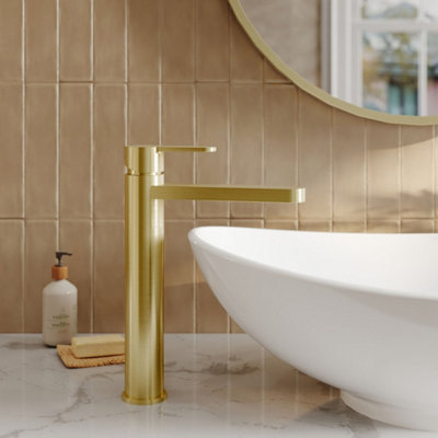 FNX Bathrooms Vela High Rise Mono Basin Mixer Brushed Brass Contemporary No Waste from B&Q