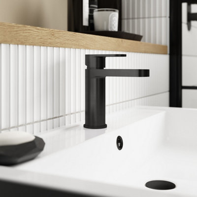 FNX Bathrooms Lumina Matt Black Mono Basin Mixer Tap Push Button Waste Contemporary 1 Hole from B&Q