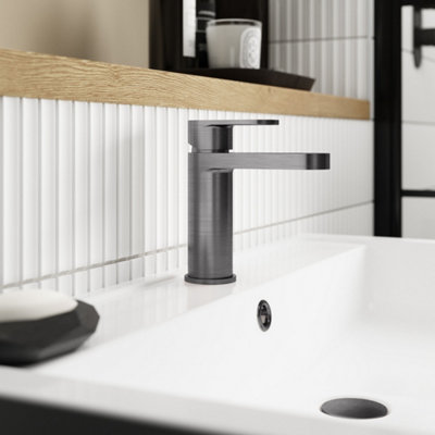 FNX Bathrooms Lumina Brushed Pewter Mono Basin Mixer Tap Push Button Waste Contemporary 1 Hole from B&Q