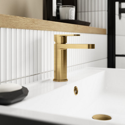 FNX Bathrooms Lumina Brushed Brass Mono Basin Mixer Tap Push Button Waste Contemporary 1 Hole from B&Q