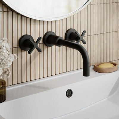 FNX Bathrooms Korus Matt Black Wall Mount 3 Tap Hole Basin Mixer Contemporary Crosshead from B&Q