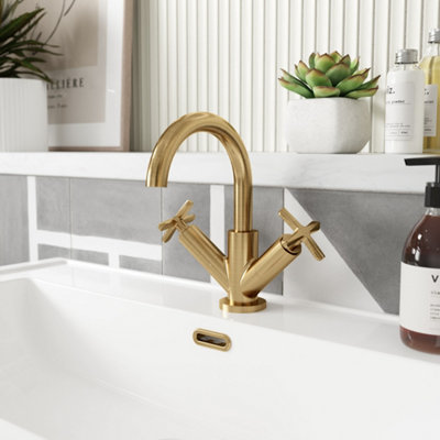 FNX Bathrooms Korus Brushed Brass Mono Basin Mixer Tap With Waste Contemporary Crosshead from B&Q