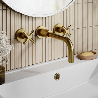 FNX Bathrooms Korus Brushed Brass Wall Mount 3 Tap Hole Basin Mixer Contemporary Crosshead from B&Q