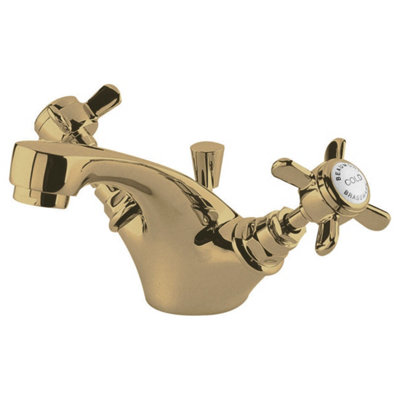 FNX Bathrooms Elysian Brushed Brass Mono Basin Mixer Tap With Waste Traditional Crosshead from B&Q